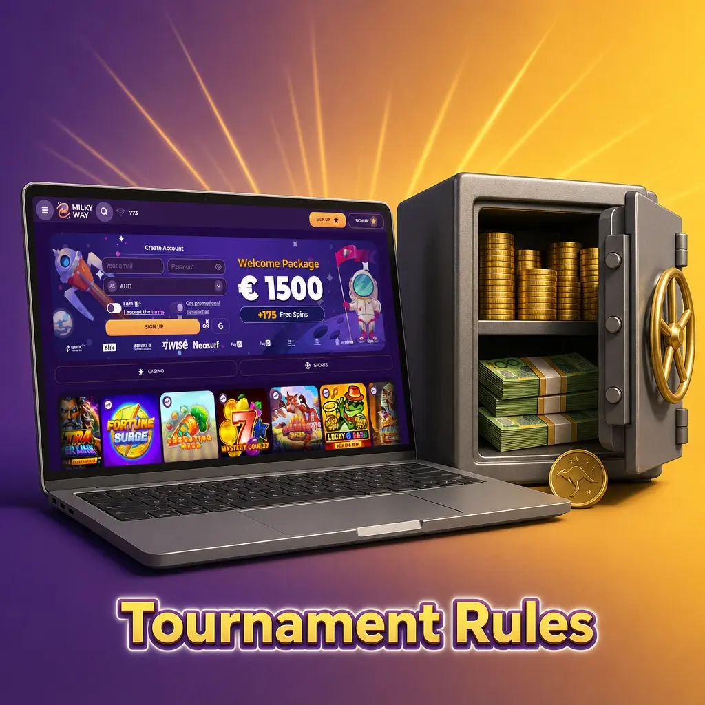 Milkyway casino tournament rules showing eligibility, scoring methods, leaderboard rankings, and prize payout terms.